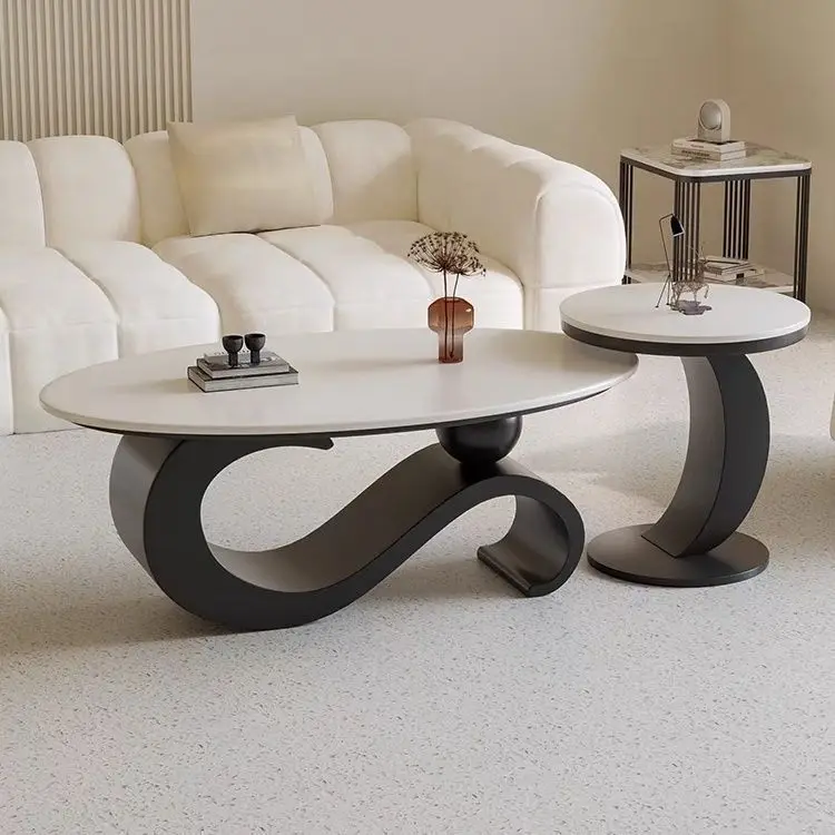 

New Style Rock Slab Oval Retractable Coffee Table Small Apartment Light Luxury Modern Living Room Home Tea and Side Table Set