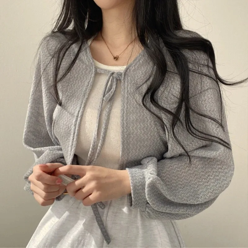 Solid Knitted Lace-Up Cardigan Women Summer Thin Sunscreen Knitwear Tops Female Korean Style Lantern Sleeve Short Coat