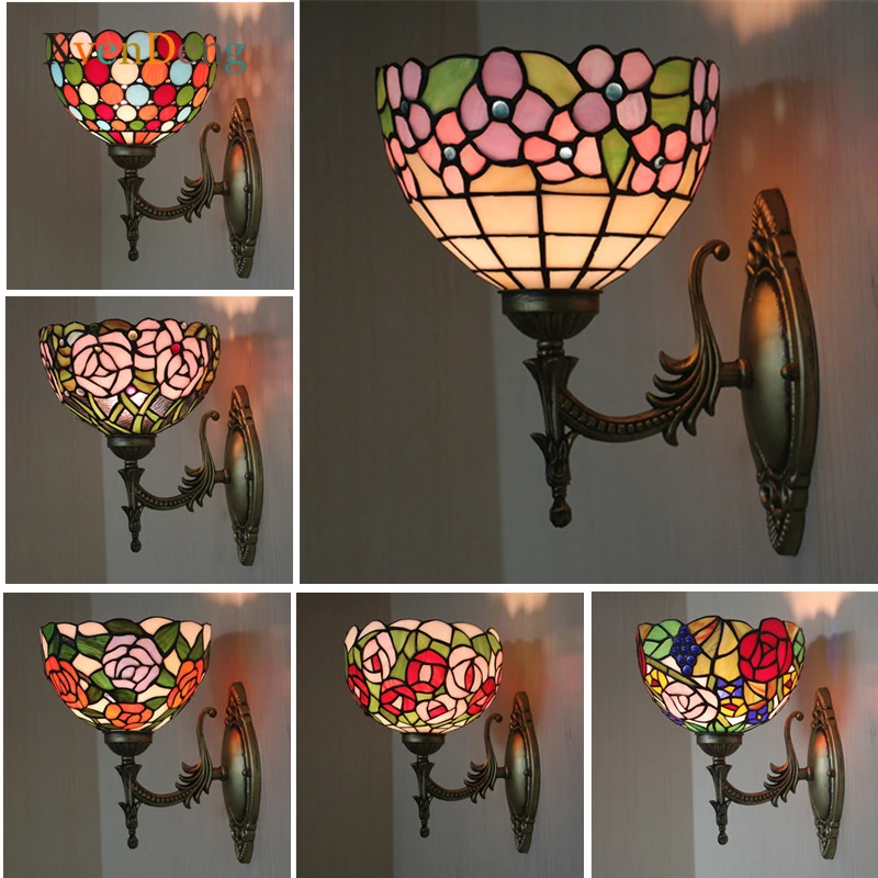 

Tiffany Stained Glass Wall Lamp Vintage Mediterranean Baroque Wall Sconce Bedroom Decor Bathroom Mirror Light Living Room Lights