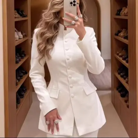 Formal Women Long Blazer Mandarin Collar Slim Fit Button Front Office Evening Dresses Wedding Guest Party Only Coat Customized