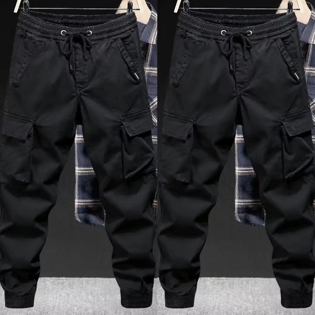 Multi-pocket Overalls Men\'s Cargo Pants with Drawstring Waist Multiple Pockets Ankle-banded Design for Daily Sports Streetwear