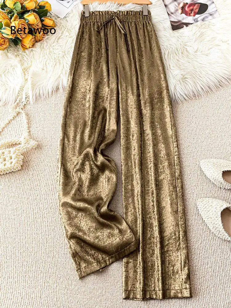 Women Drawstring Elastic Waist Metallic Wide Leg Pants Loose Straight Trousers for Party Club Casual Daily Wear Occasions