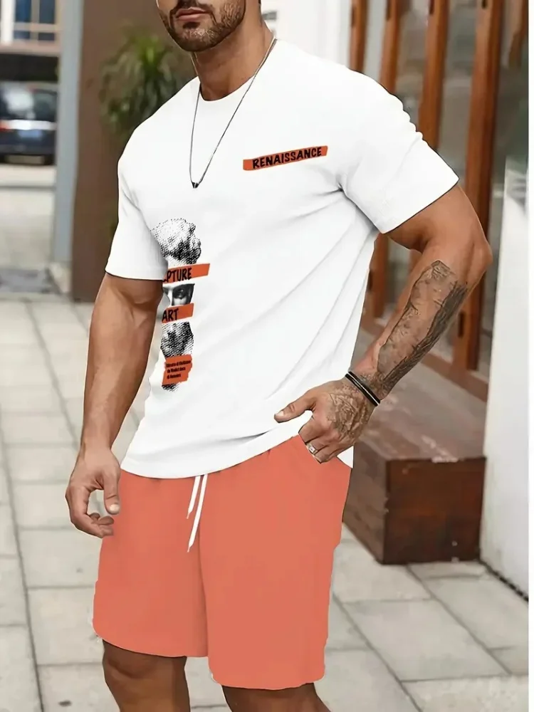

Mens Summer Casual Suit Textured Printed Mixed Color Short Sleeve Outdoor Street Fashion Shorts 2 Piece Pocket Loose Set
