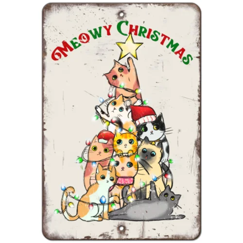 Meowy Christmas Aluminum Metal Sign -  Funny Cat Sign Christmas Tree Holiday