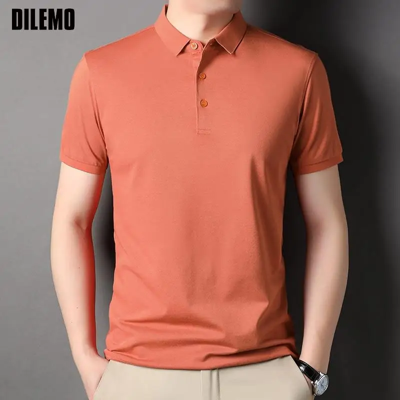 Polo de algodón 50% de gama alta para hombre, camiseta de manga corta informal, Tops de Color sólido, ropa de moda para hombre 2023