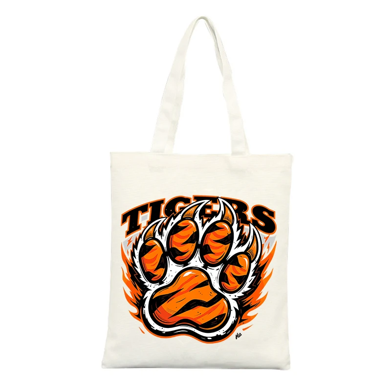 Tiger Paw and Flame Graphic Canvas Tote Bag, Casual Style for Daily Shopping and Outings