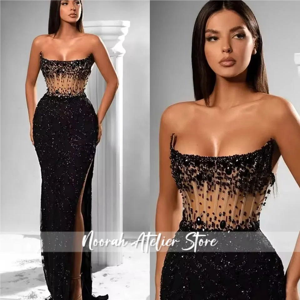 カスタマイズされた光沢のあるビーズのイエローのストラップレスの豪華なイブニングドレス2025スカーフマーメイド女性ドバイロングキラキラパーティガウン