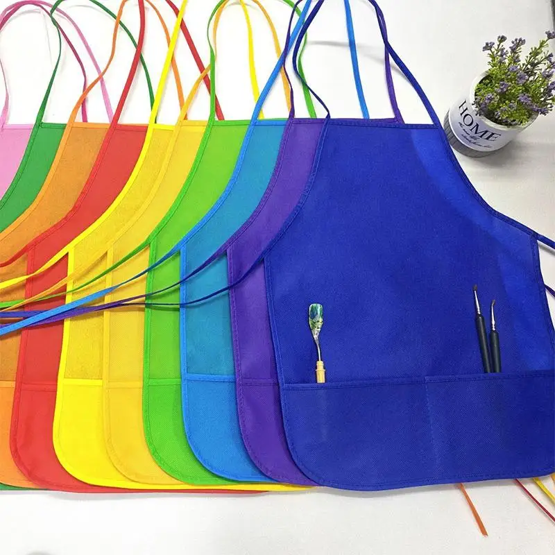 New Children's Fabric Aprons With Pockets Colorful Kitchen Classroom Child Painting Cooking Non-woven Fabric Toddler Clean Apron