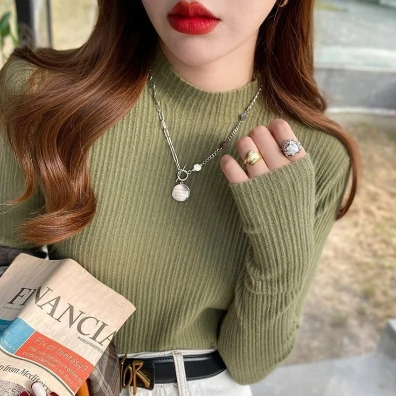 

2025 Korean Simple Basic Solid Tops Women Long Sleeved Turtleneck Sweater Harajuku Pullovers Women Knitted Slim Sweaters