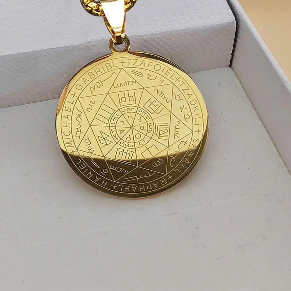American Amulet Necklace Men's Stainless Steel Necklace Seven Angel Solomon Pendant Hollow Round Clavicle Chain Electroplated