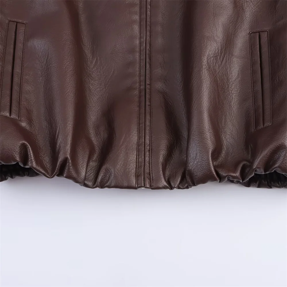 women's new style temperament versatile faux leather pilot collar jacket solid color casual long sleeved jacket jacket