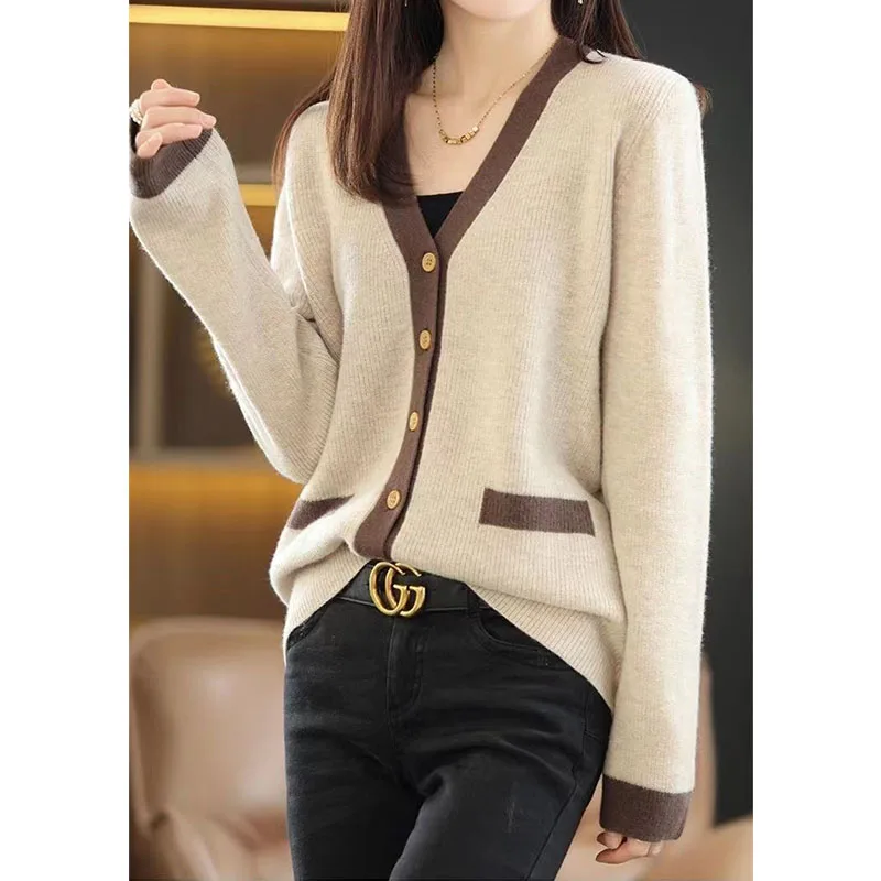 Korean Fashion Panelled Knitted Cardigans Sweaters Autumn Winter New Women\'s Clothing Loose Warm Long Sleeve V-Neck Casual Coats