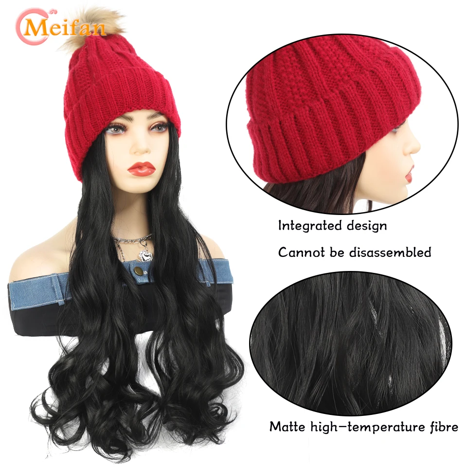 MEIFAN Wig topi merah untuk wanita, rambut palsu alami sintetis panjang keriting berombak hangat dengan topi Wig terintegrasi