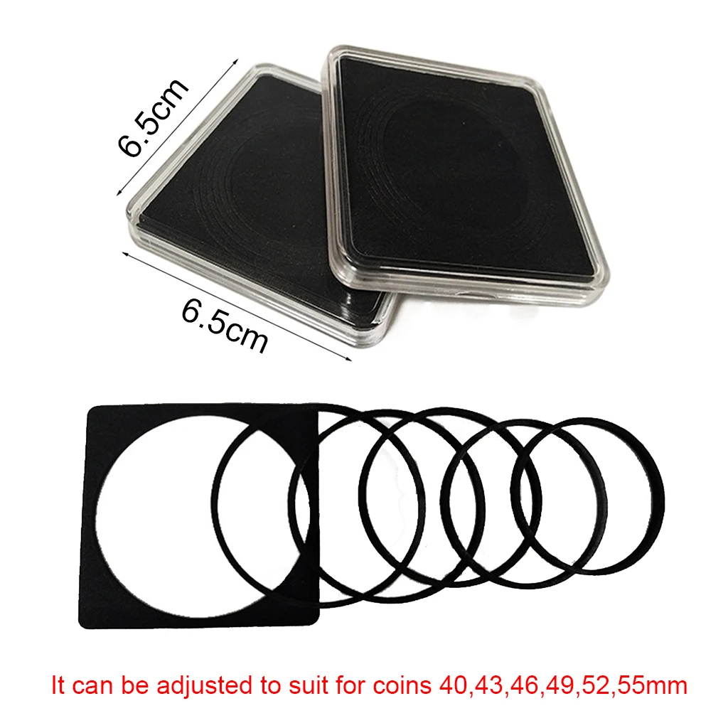 Clear Square Acrylic Coin Holder Case with Adjustable Black Gaskets 40mm/43mm/46m/49mm/52mm/55mm Coin Collection Box Container