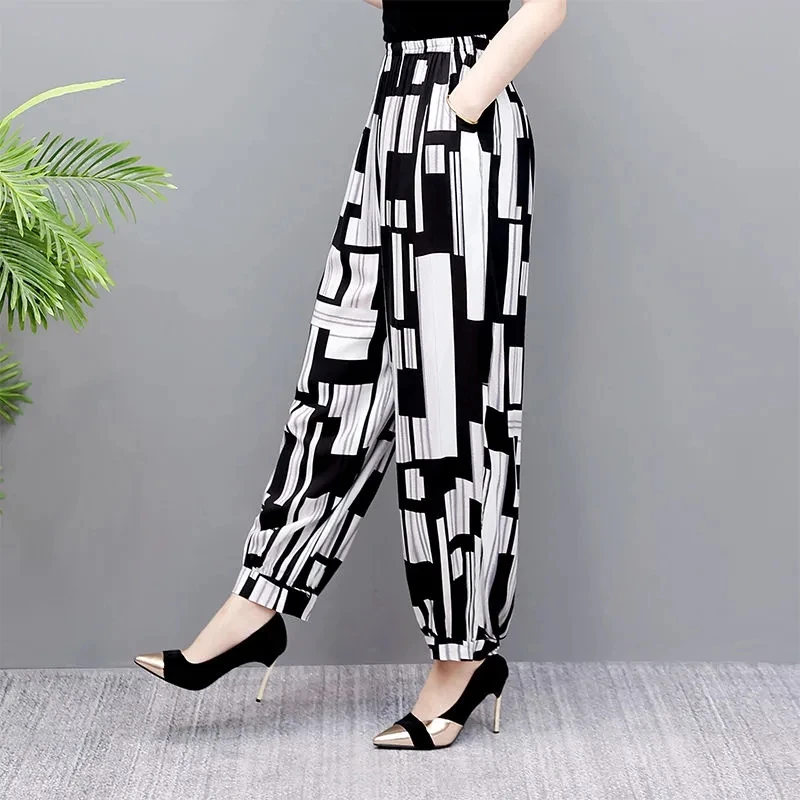 

Cotton Silk Pants Women New Spring Summer Elastic High Waist Harem Pants Fashion Printed Casual Wide Leg Pants Female Trousers