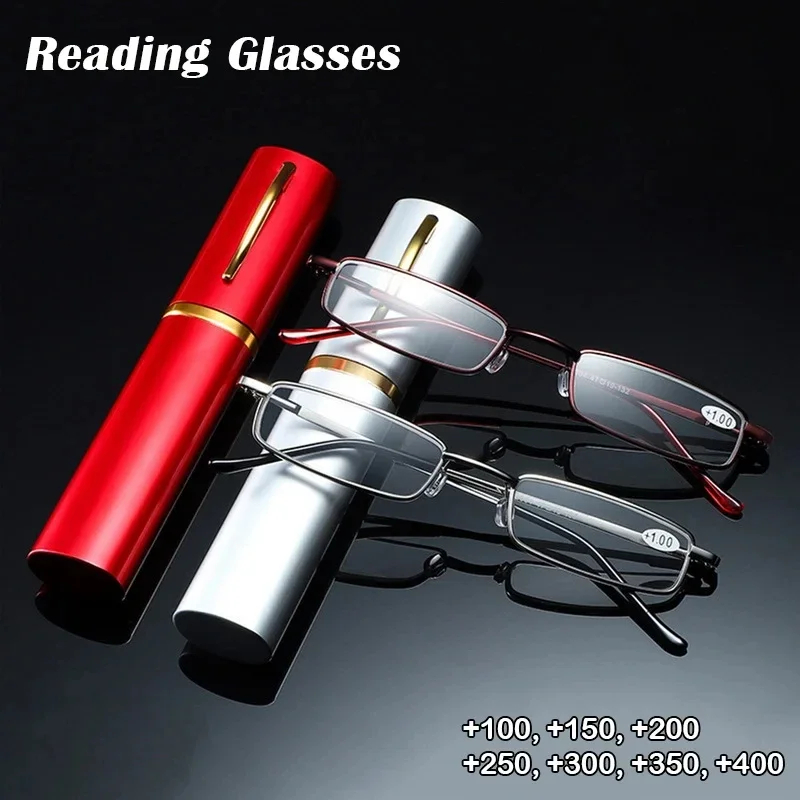 

Elegant Portable Mini Reading Glasses Metal Frame Pen Box Ultra-thin Men Women Reading Glasses Presbyopia Eyeglasses With Box