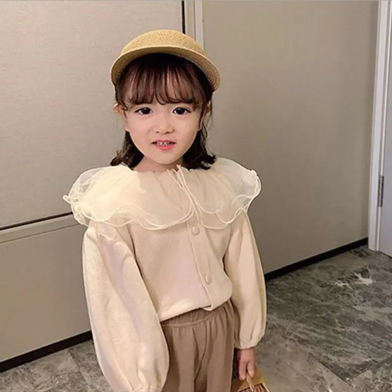 Girls Cardigan Jackets 2022 Fall Winter New Baby Cute Sweet Girls Clothing Kids Children Top Lace Lapel Jacket For Girls Autumn