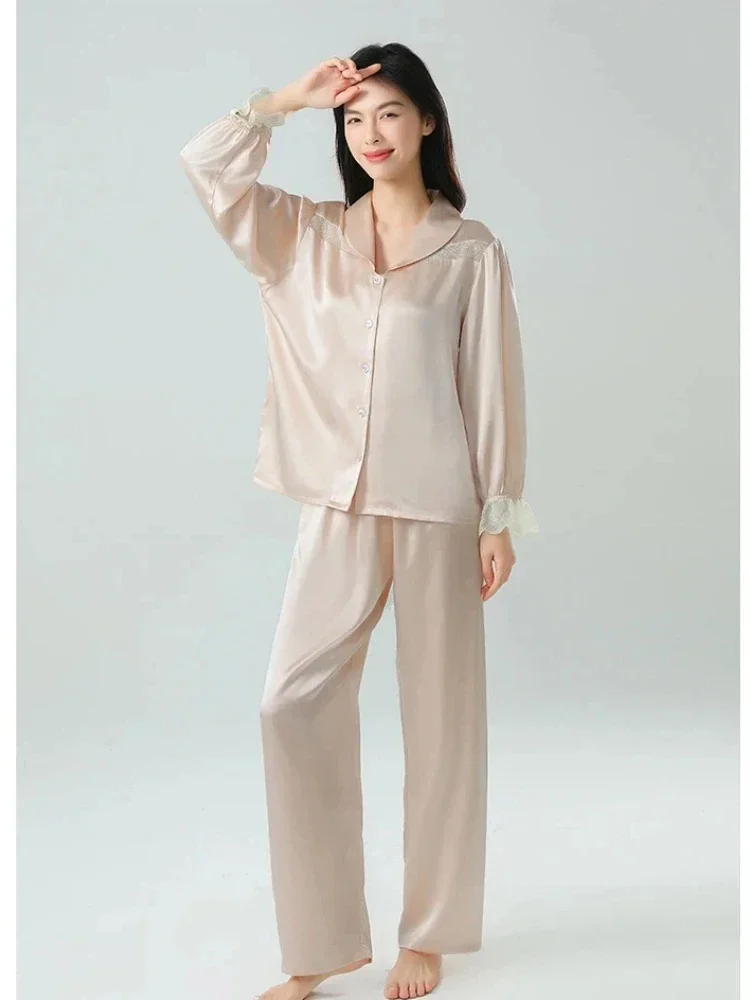 

Женский шелковый пижамный комплект из 100% тутового шелка, мягкая одежда для сна, милый кружевной топ с длинными рукавами и брюками, одежда для дома из 2 предметов, пижамный костюм, пижама