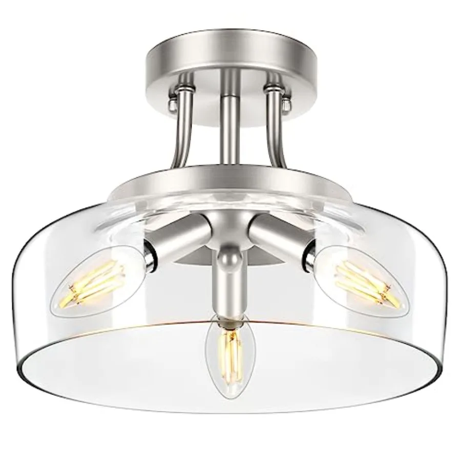 

3-Light Semi Flush Mount Light Fixture Modern Industrial Glass Ceiling Light with E12 Base Metal Semi Flush Ceiling Light for L