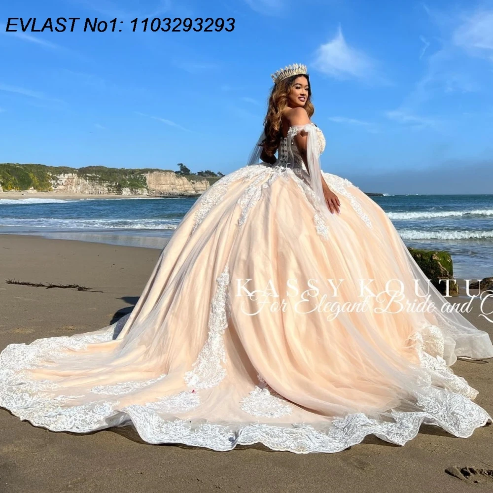 EVLAST Aangepaste Sparkly Champagne Quinceanera Jurk Baljurk Wit Kant Applique Kralen Sweet 16 Vestido De 15 Anos E1Q291