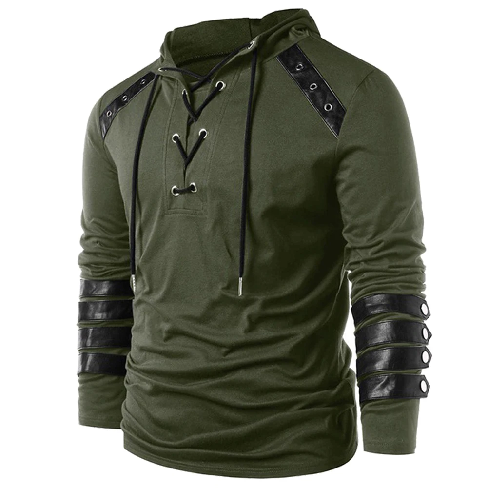 Uomo adulto cavaliere medievale felpa con cappuccio Gothic Steampunk coulisse Lace up Leather Armor felpa manica lunga Pullover normale