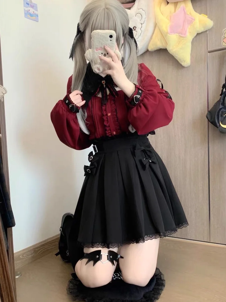 다크 할로윈 스윗 쿨 배트 레이스 칼라 레드 블랙 반팔 셔츠 탑 여성 패션 로리타 스타일 슬림핏 버블 소매