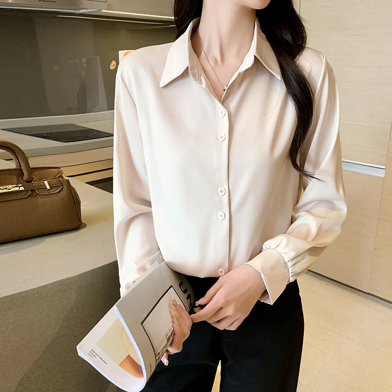 Chiffon Long-Sleeved Shirt Women\'s Spring Korean Fashion Top Temperament Long Sleeve Solid Single-Breaste Office Lady Blouse