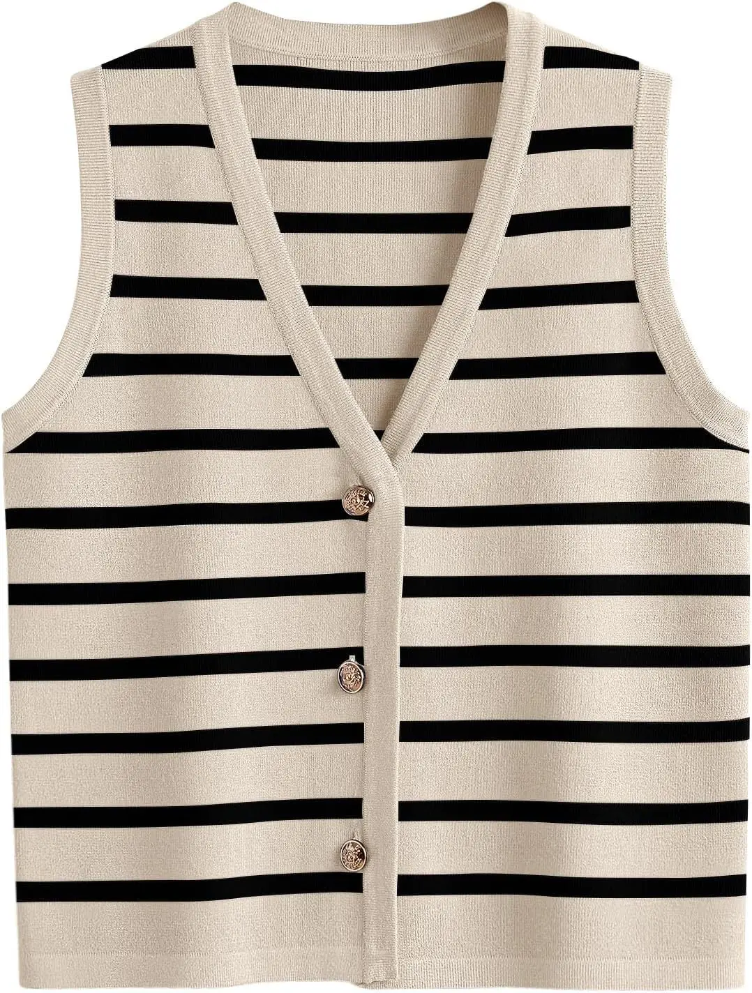 Women's Casual Vest Slim Fit Contrasting Striped Round Neck Sleeveless Single Breasted Cardigan Summer Daily Short Sweater Vest