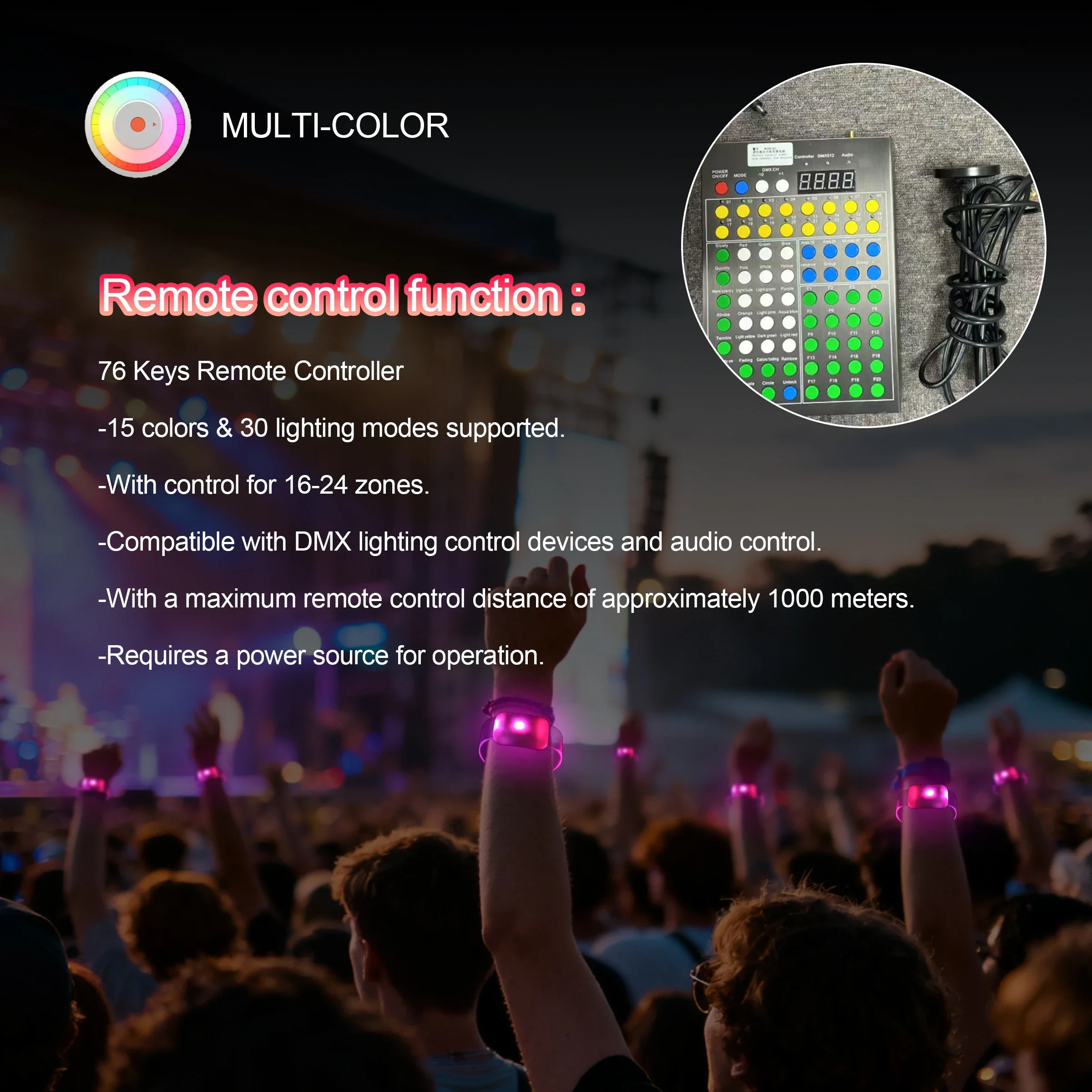 76-Key Remote Controller with 15 Colors 30 Lighting Modes Security Advantage for Controlling 16-24 Zones Remote Bracelet Product