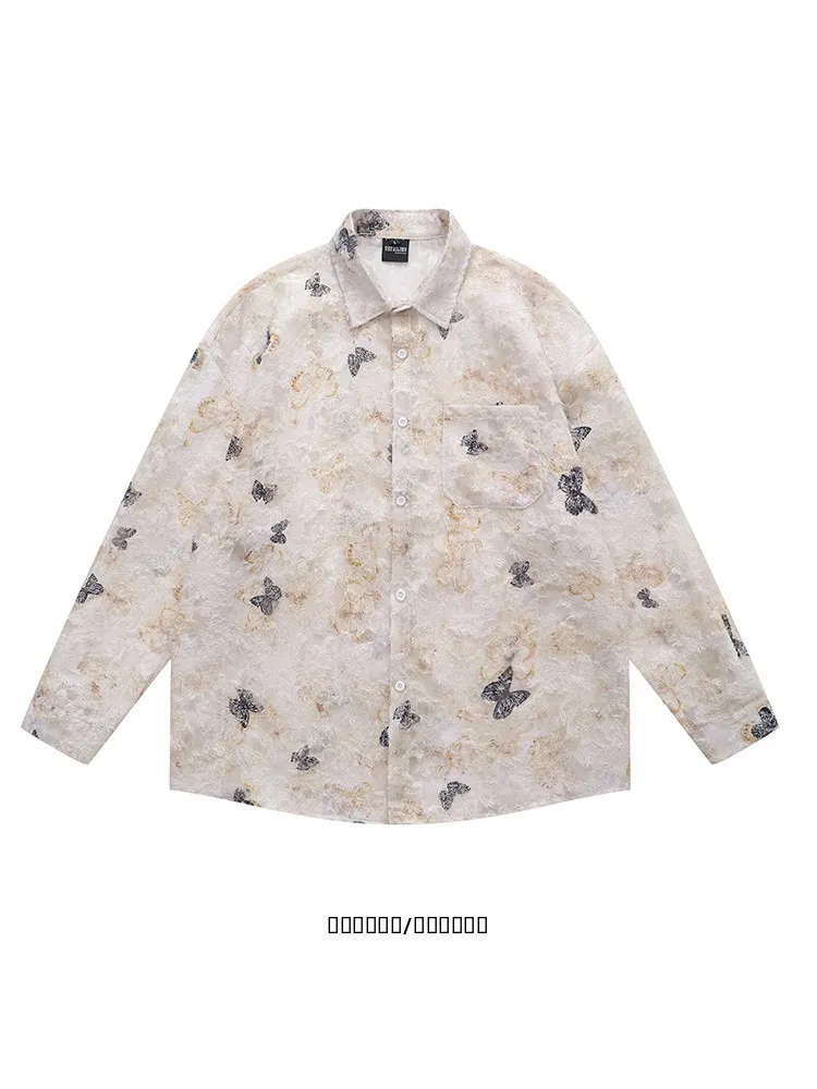 

from Vintage Print Long Sleeve Shirt Couple Loose Casual Shirt Dual Color Trendy Brand Autumn Winter Menswear