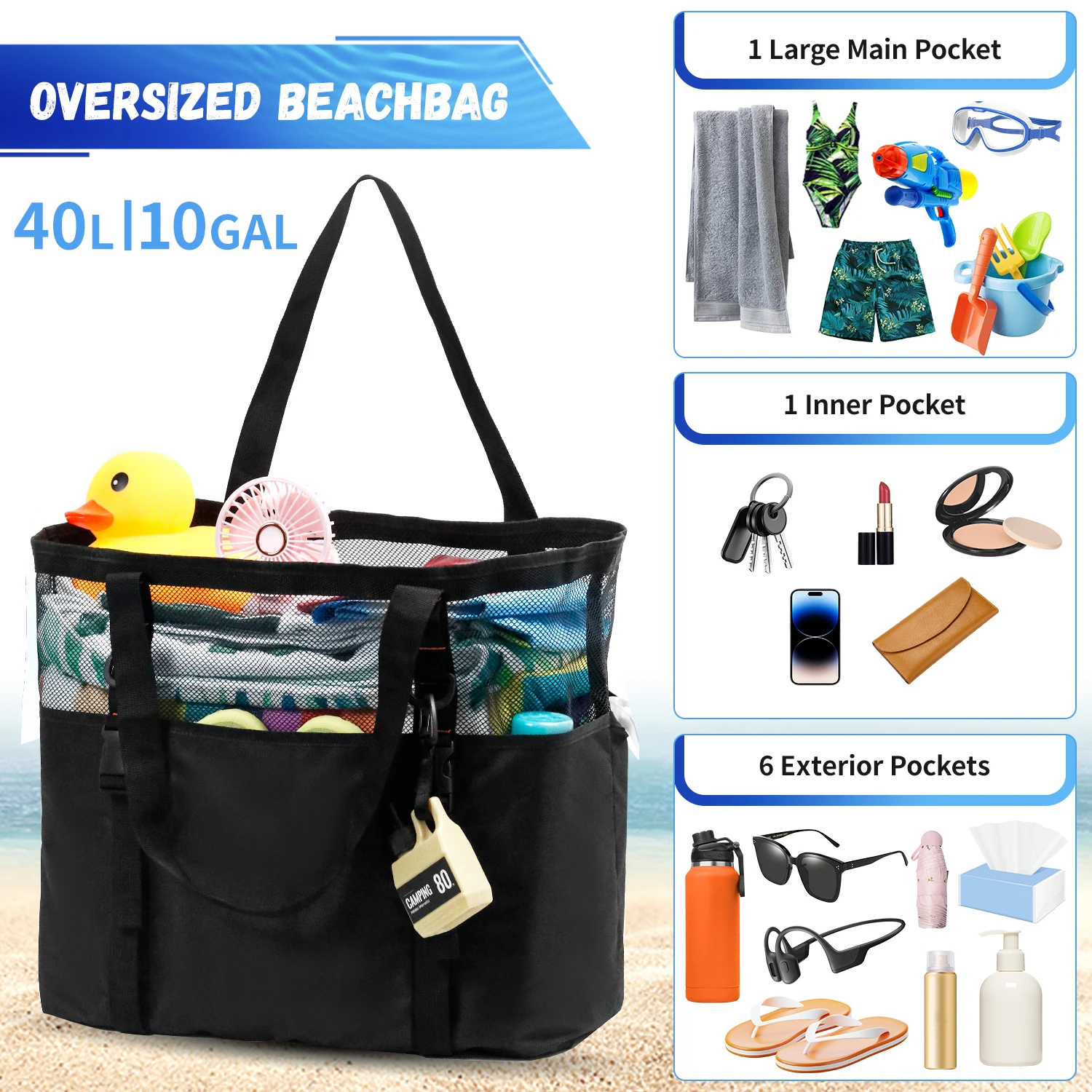 Extra Large Mesh Beach Bag - Foldable, Quick-Dry, Lightweight Tote Bag For Pool, Vacation, Swim, And Travel