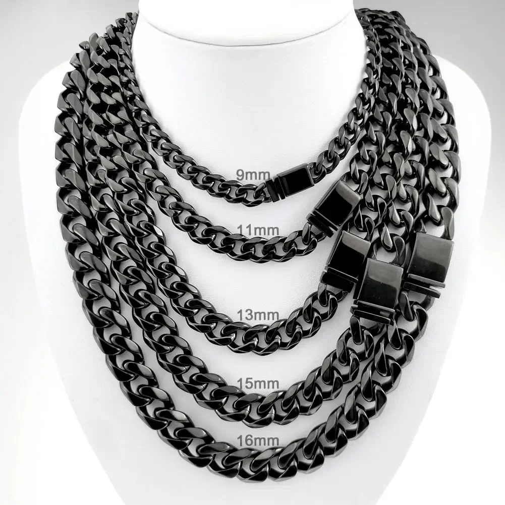 Nice Blackt Tone Mens Womens Cuban Link Colar Hip Hop Corrente de Aço Inoxidável Curb Cuban9-16mm Largura da Banda; 18 polegadas-30 polegadas