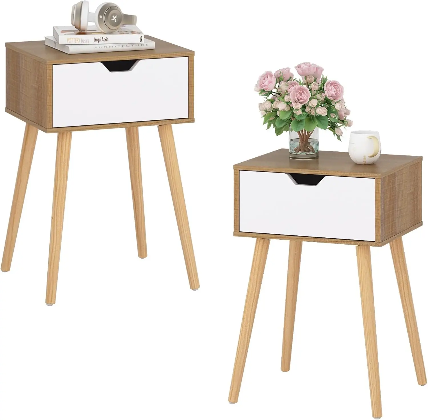 

Modern Wood Nightstand, Bedside with Drawer, Night Stand, End with Solid Wood Legs for Bedroom Home, Brown Night table grey