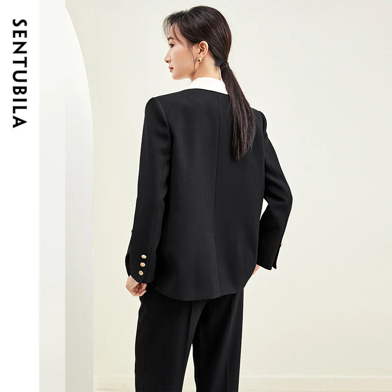 SENTUBILA Women's Two Pieces Sets 2025 Autumn Black V Neck Blazer Wide Leg Pants Office Lady New In Matching Sets 143Z58034X