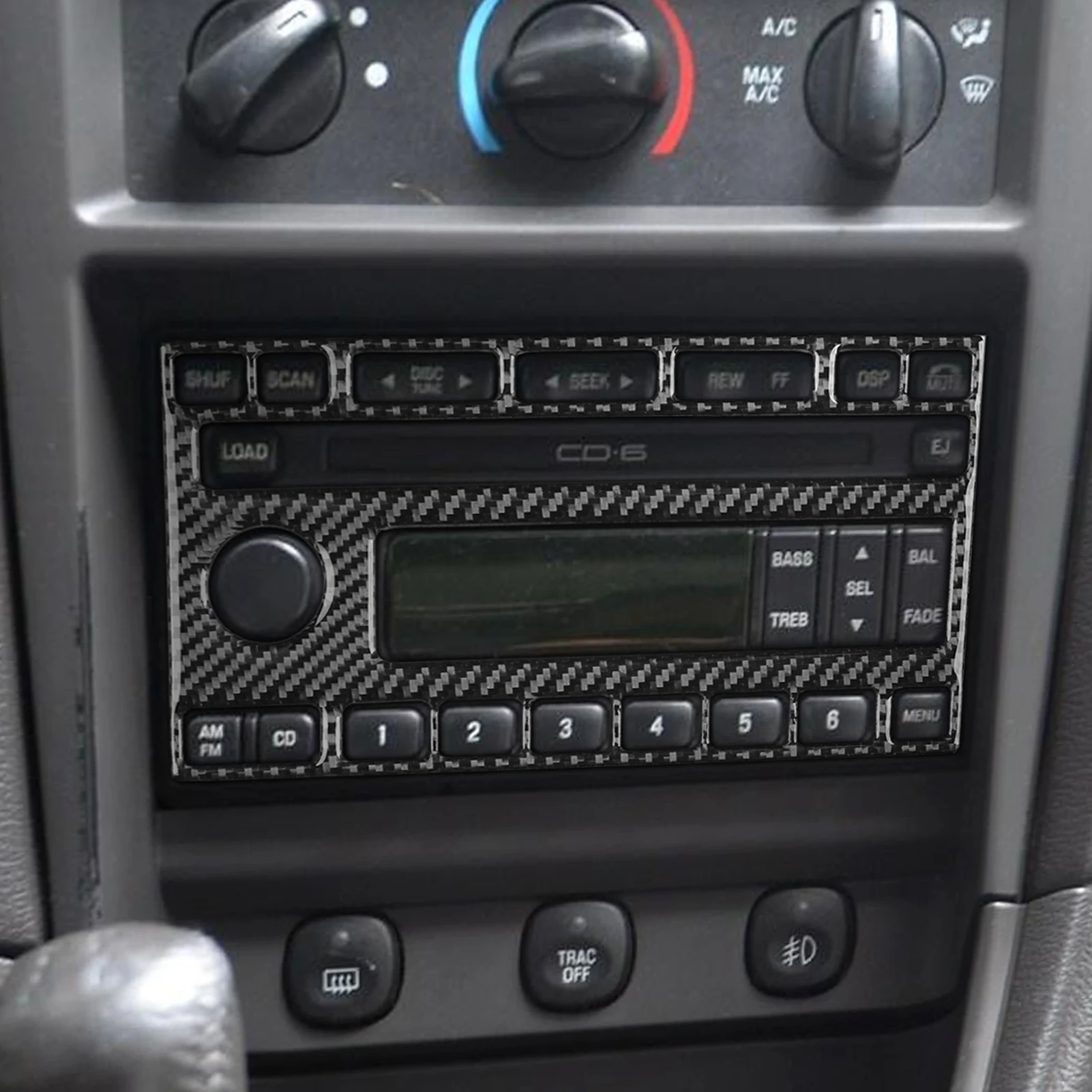 ألياف الكربون الحقيقية اكسسوارات السيارات مركز وحدة التحكم راديو غطاء لوحة ملصق لينة لفورد موستانج 4th الجنرال 2001 2002 2003 2004 #3