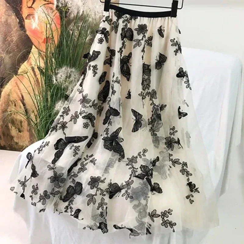 Vintage Butterfly Embroidery Midi Skirts Women High Waist Casual Faldas Largas ajustadas Korean Style Mid Length Tulle Skirt y2k