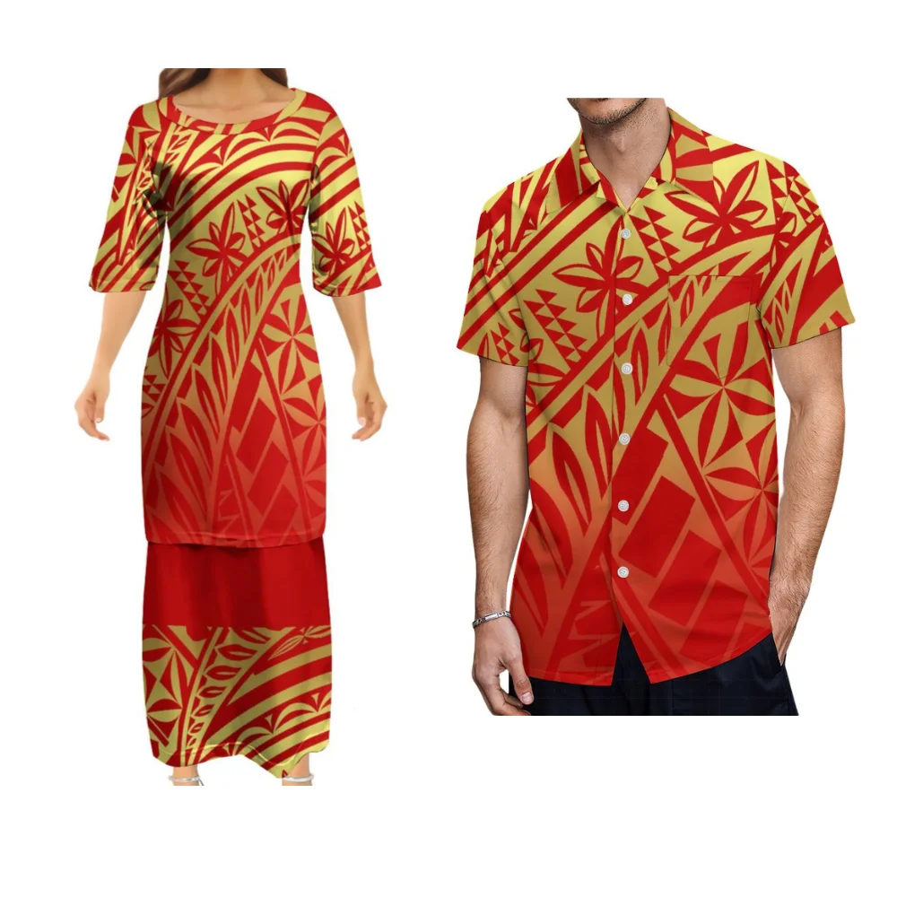 Samoa fiji ilha havaiana floral impressão verão de manga curta feminina puletasi camisa masculina polinésia vestido feminino 2025