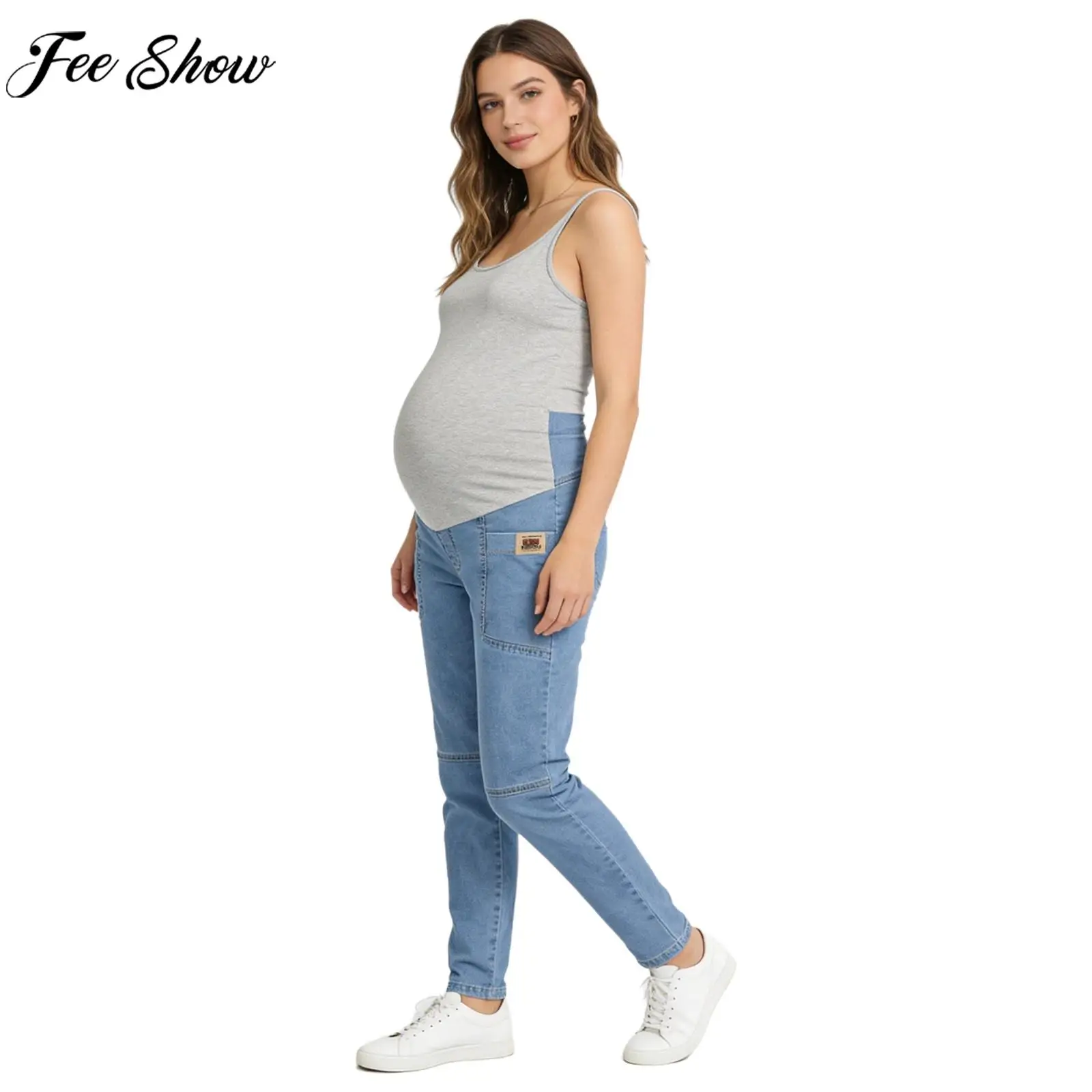 

Джинсы-карго с широкими штанинами для беременных, расклешенные джинсовые брюки с высокой талией, регулируемым поясом, повседневные брюки, уличная мода