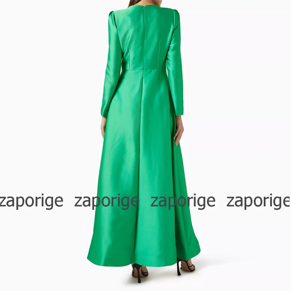 Green Exquisite Beaded Evening Dress Satin Bow Rhinestone beads Evening Dress A-line O-Neck Ankle Length Dresses