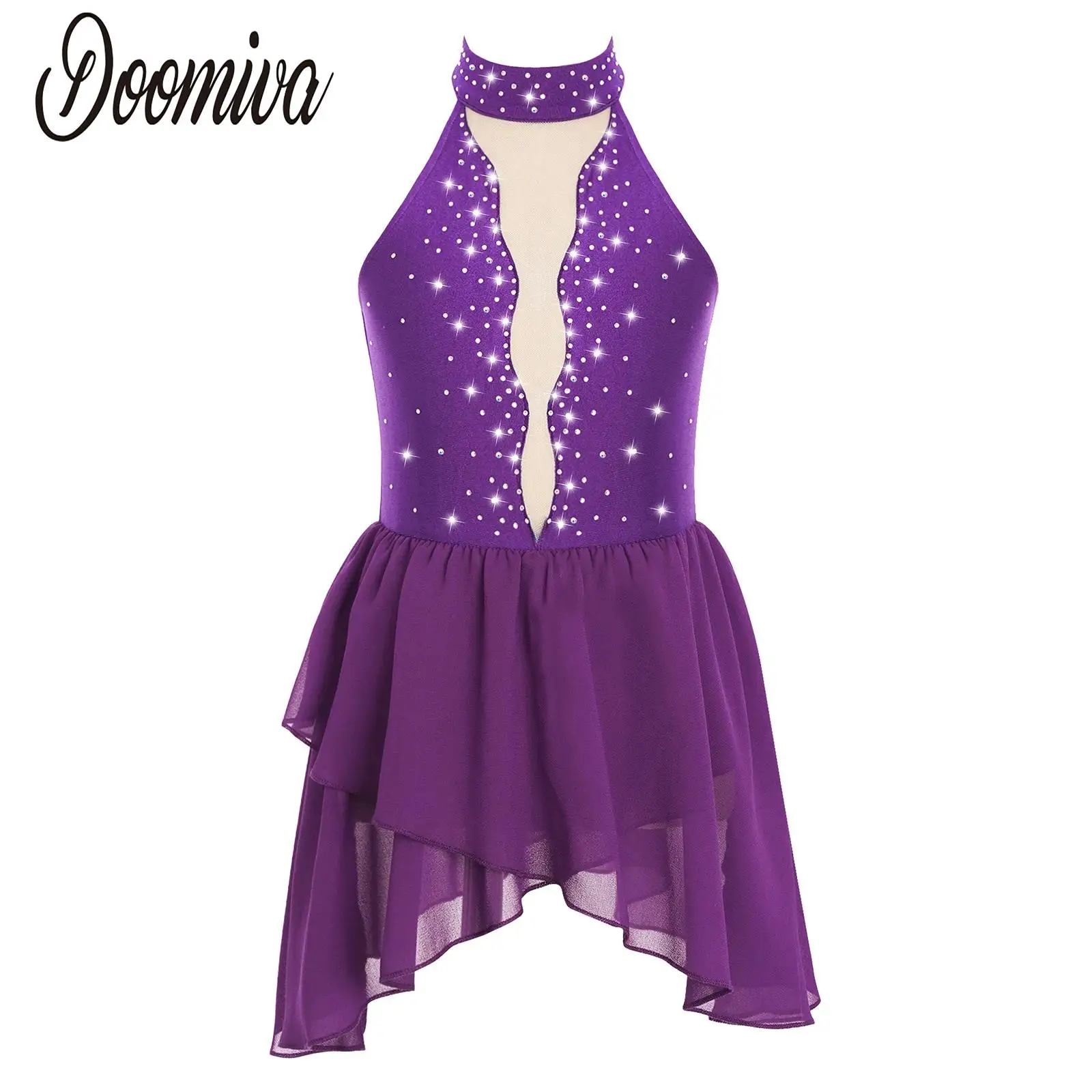 

Girls Figure Ice Skating Dress Leotards Sleeveless Lyrical Ballroom Dance Show Costume Halter Sleeveless Chiffon Skirted Dress