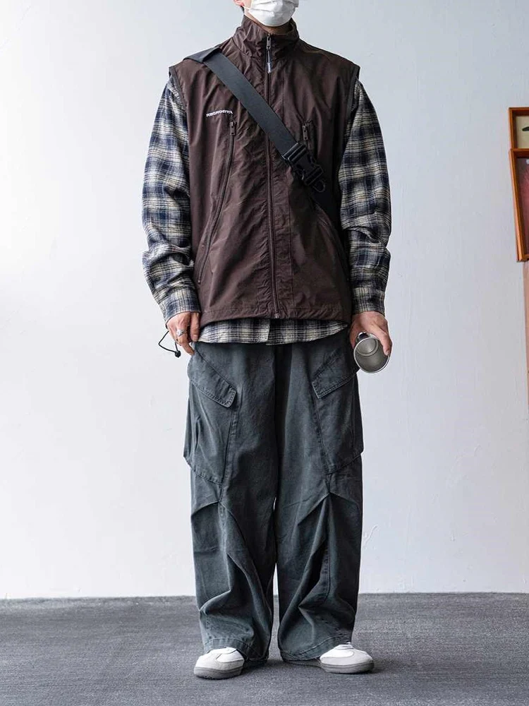 Summer Casual Loose Fit Men's Camping Outdoor Vest Stand Collar Shoulder Pad Jacket Stylish Youth Trend Regular Thickness