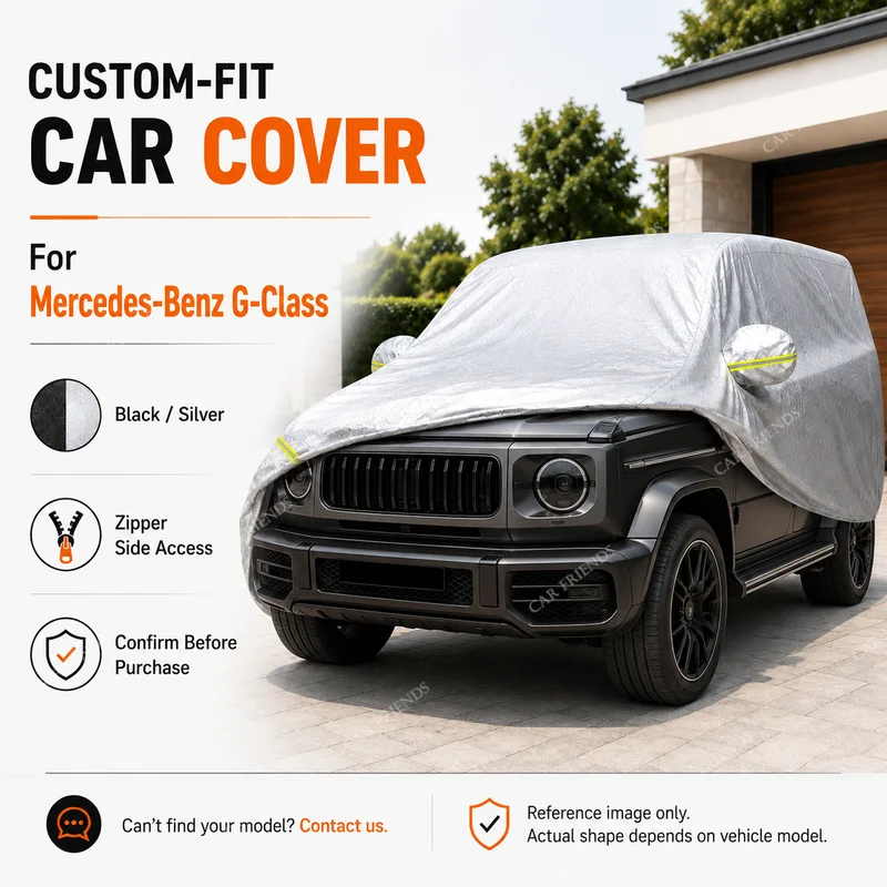 For Mercedes-Benz G-Class Custom Fit Full Car Cover Silver-Coated Oxford Fabric Side Zipper Access UV Protection Outdoor Parking