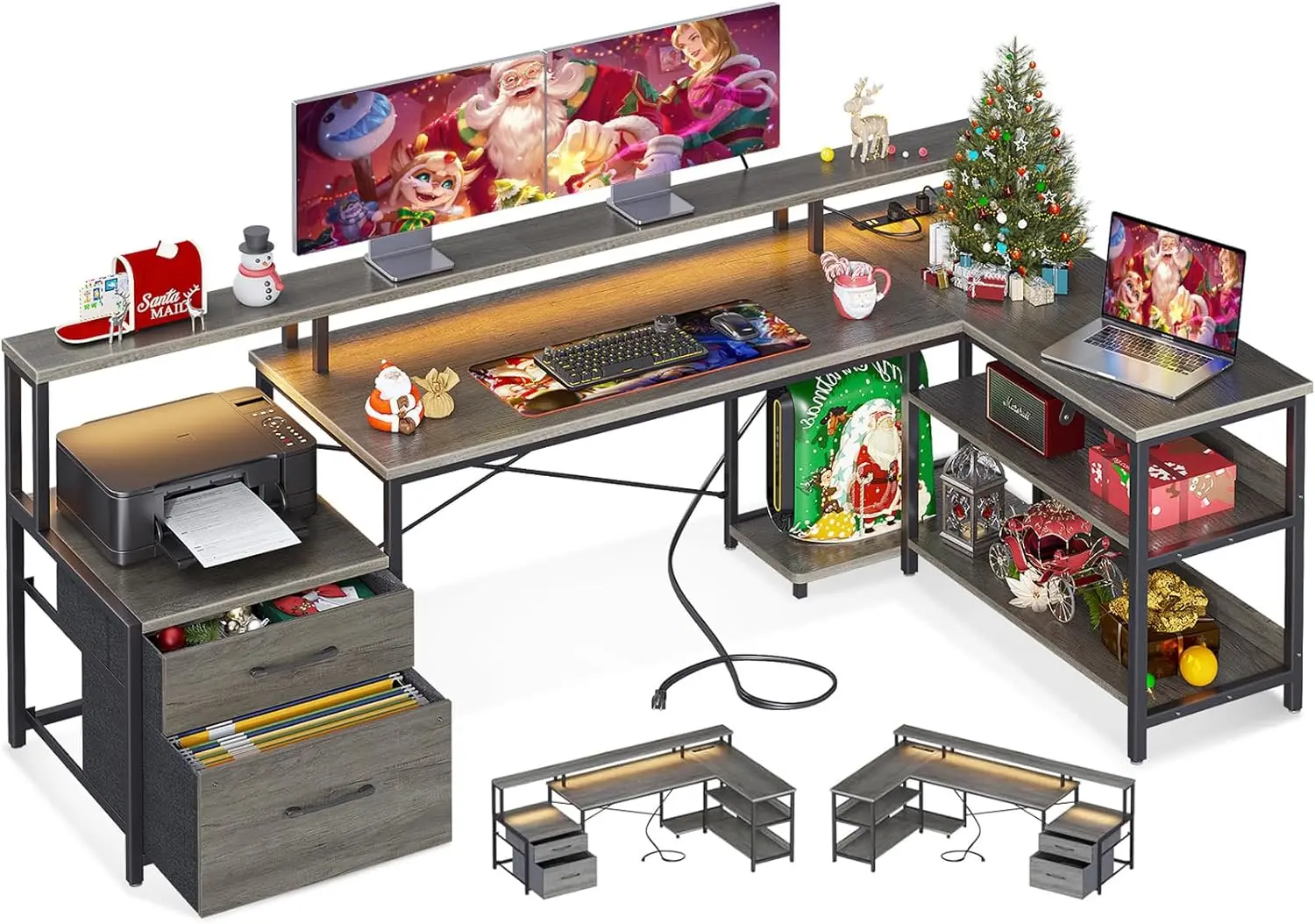 

L Shaped Desk with File Drawer, Reversible Shaped Computer Desk with Power Outlet & LED Strip, Office Desk with Storage Shelves