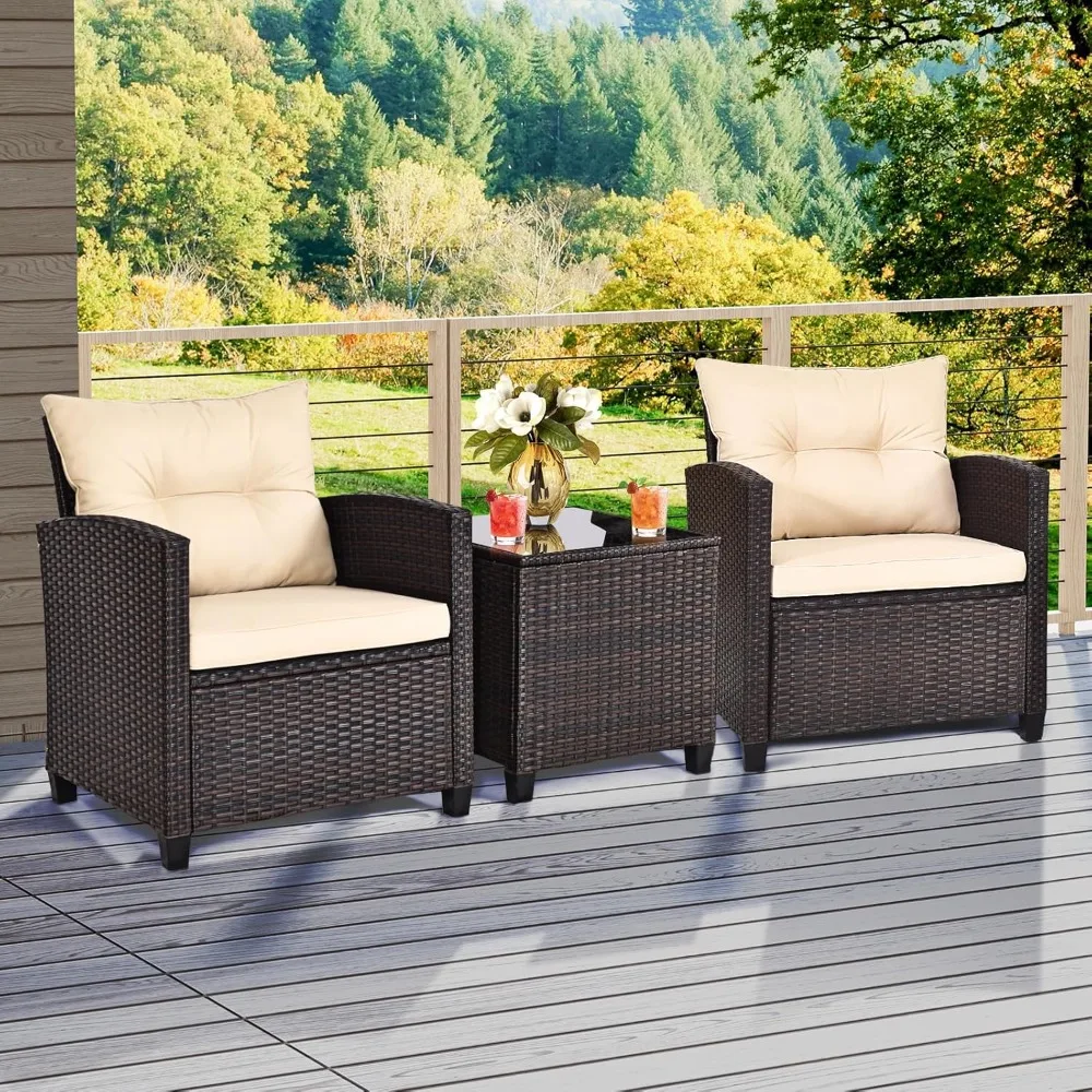 

3-piece courtyard furniture set, outdoor willow conversation set, cushioned rattan chair, glass coffee table