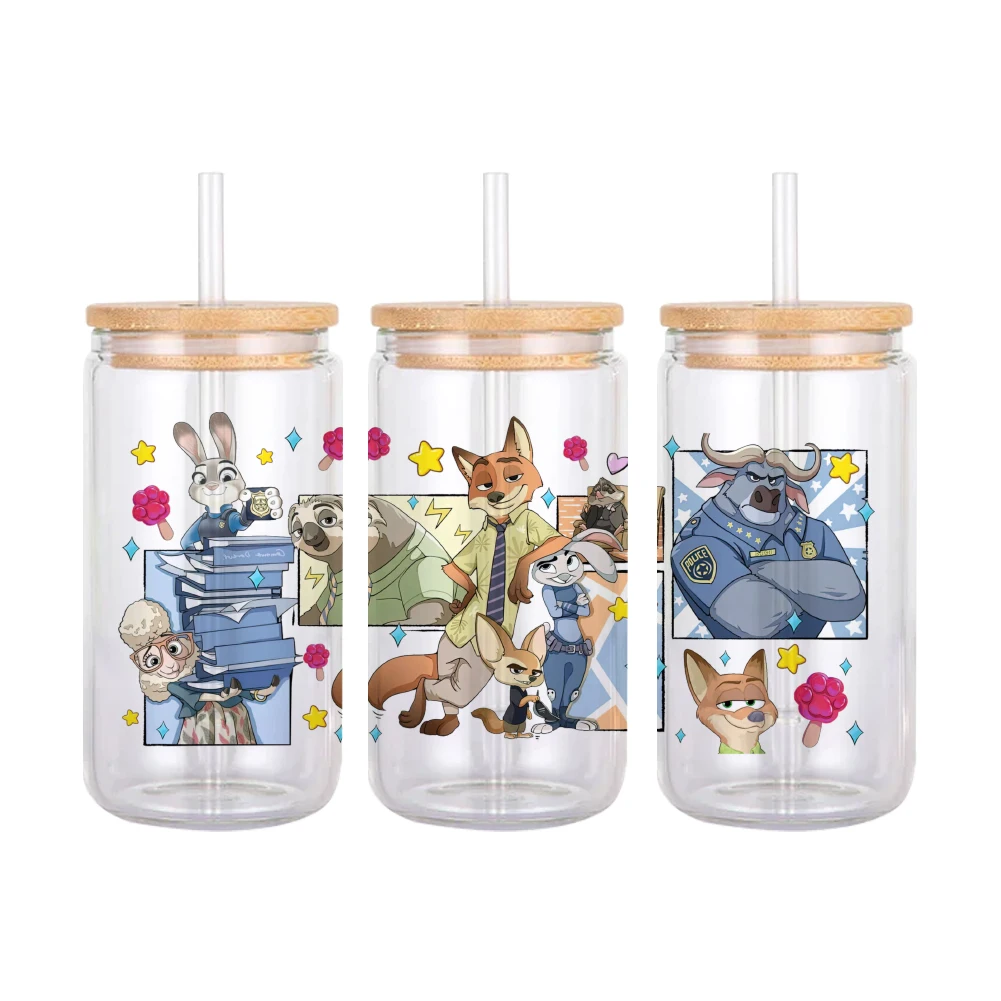 Disney Zootopia 3D Waterproof UV DTF Cup Wrap for 16Oz Libbey Zootropolis Glass Can DIY Transfer Sticker