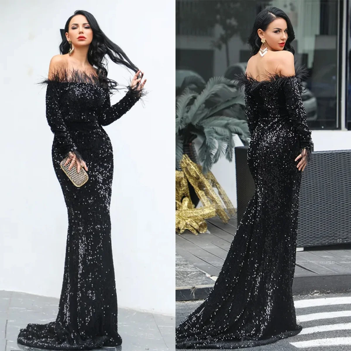 

Evening Dresses Black Sequins Feathers Off The Shoulder Full Sleeves Memarid Plus size Women Party Formal Gowns Robe De Soiree