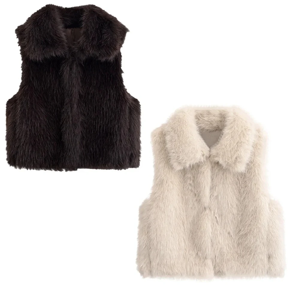 

Women Faux Fur Vest Lapel Collar Sleeveless Hidden Pocket Design Soft Warm Elegant Chic Winter Outerwear