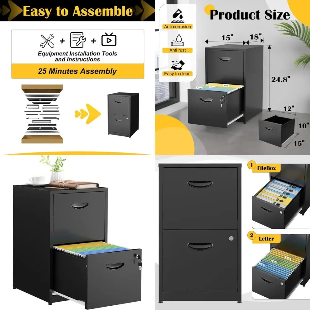 

Contemporary Lockable Metal 2-Drawer File Cabinet for Home Office, Black Vertical Letter-Size Organizer