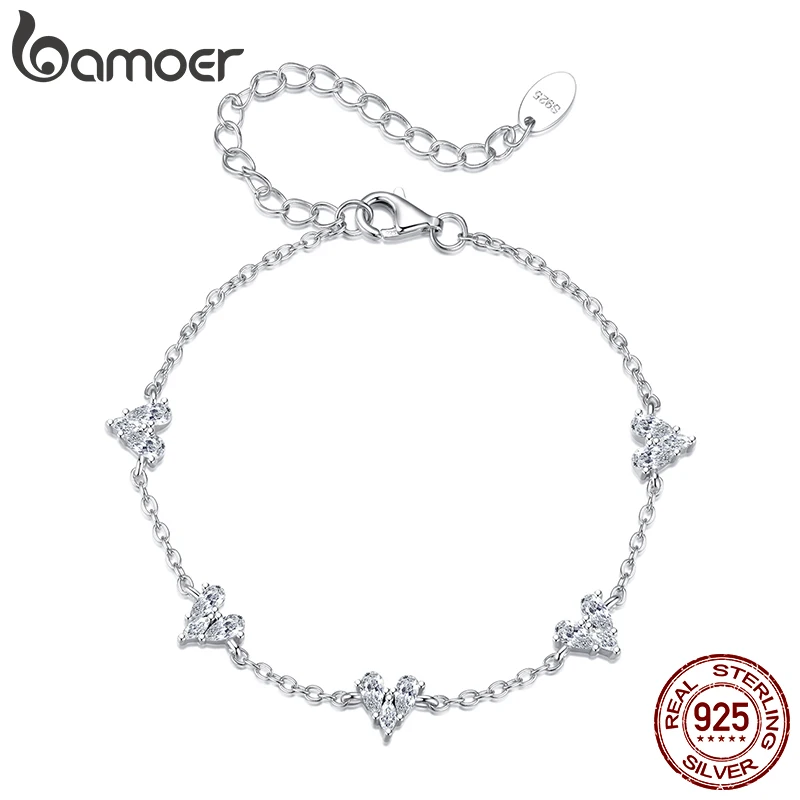 

BAMOER 925 Sterling Silver Tiny CZ Heart Bracelet Adjustable Charm Wrist Chain for Women Lightweight Sweet Gift Fine Jewelry