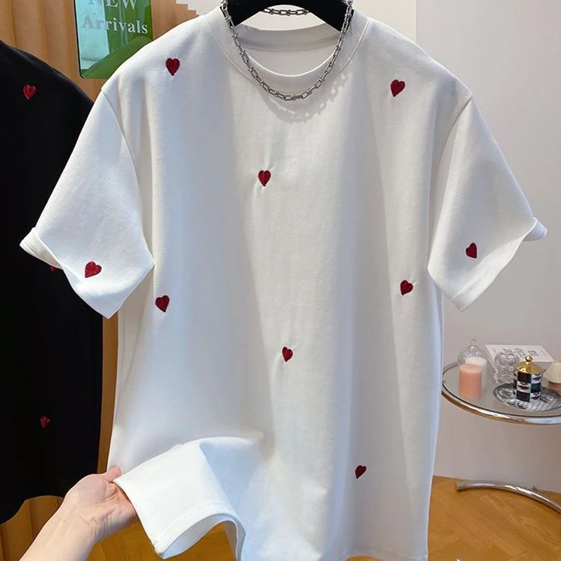 Summer Love Embroidery Men O Neck Short Sleeve T Shirt Teenager Fashion All-match 2xl Oversized Couple Clothing Black White Grey